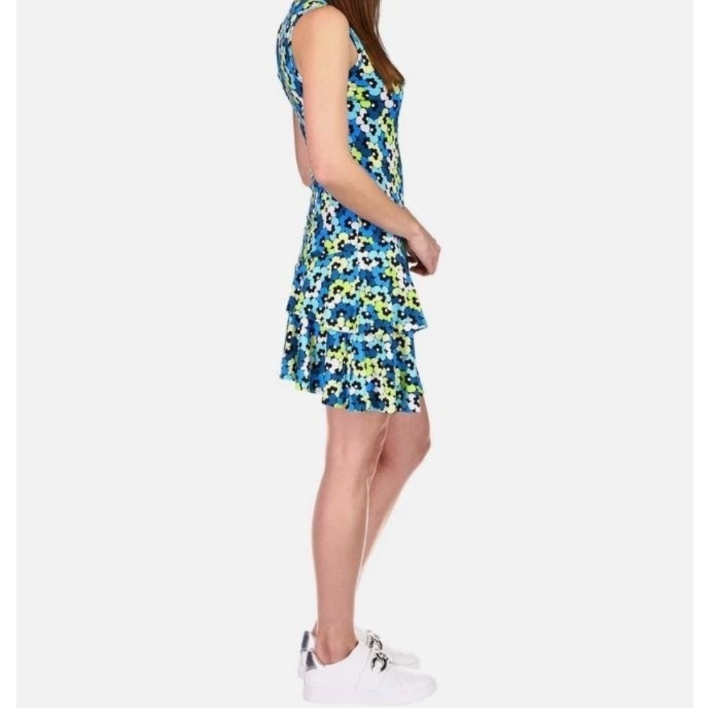 Michael‎ Kors Floral Mini Dress Women M Blue Green Swirl Flounce Limeade